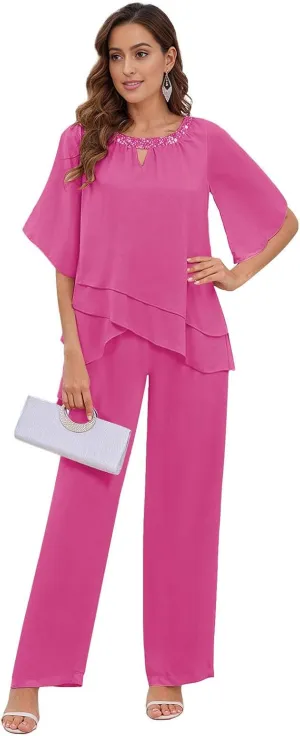 2 Pieces Mother of The Bride Pant Suits for Women Dressy Chiffon Sets Formal Wedding Guest Outfit with Sleeves