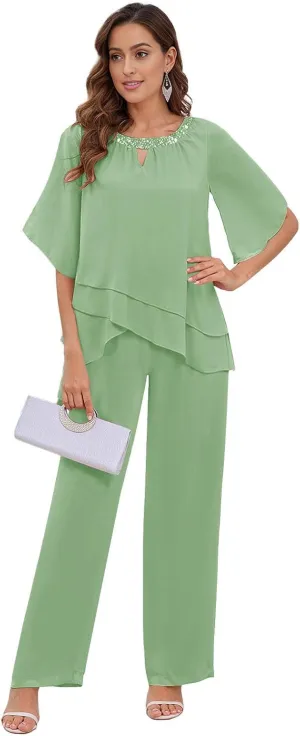 2 Pieces Mother of The Bride Pant Suits for Women Dressy Chiffon Sets Formal Wedding Guest Outfit with Sleeves
