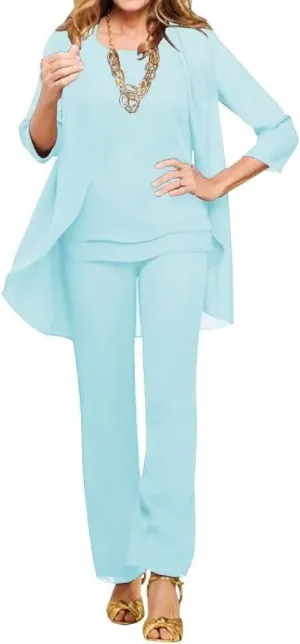 3 Pieces Mother of The Bride Pant Suits for Wedding Long Sleeves Chiffon Outfit Formal Evening Gowns with Jacket MJ005