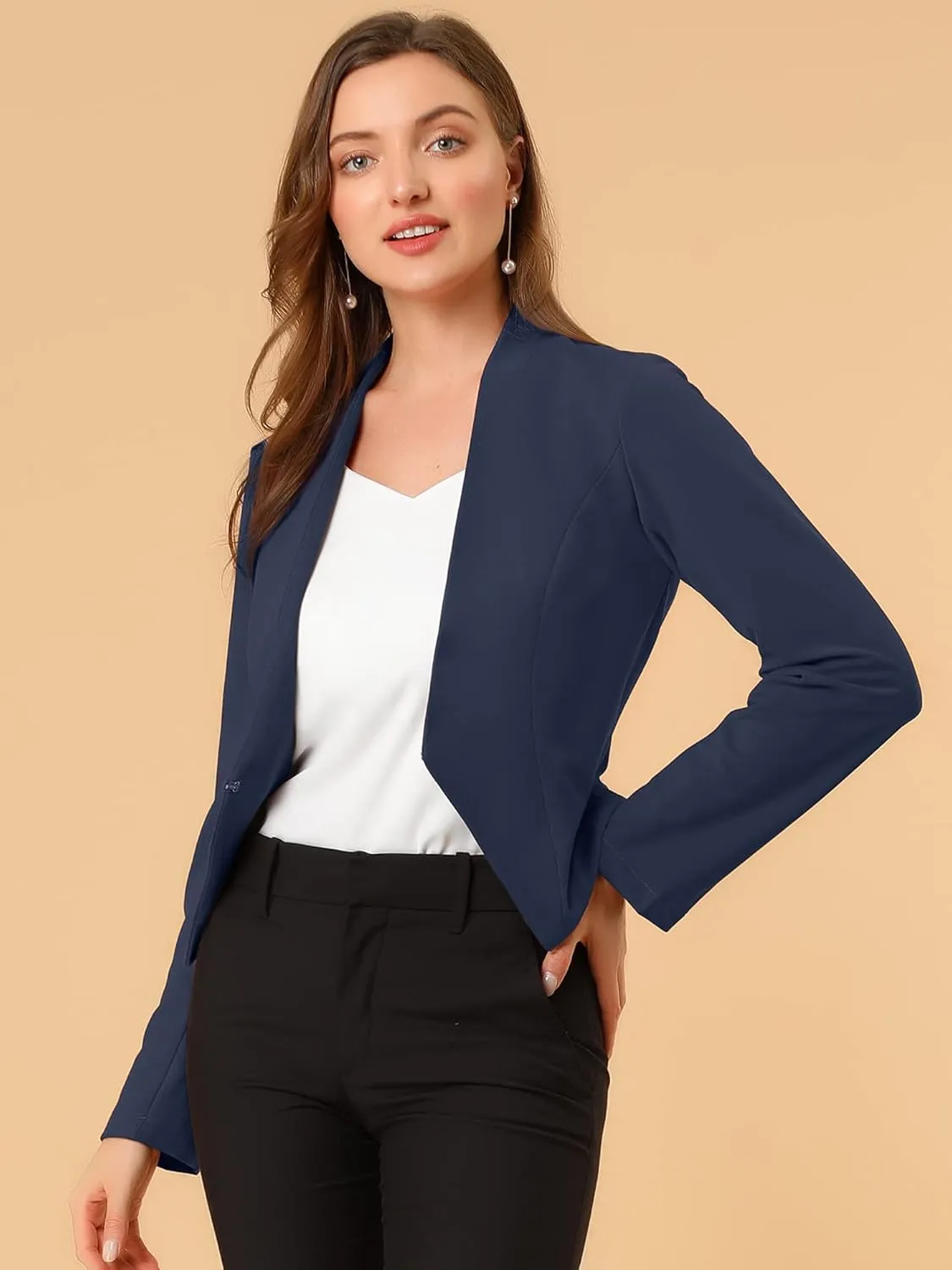 Allegra K Women's Work Office Suit Collarless Casual Cropped Blazer Jacket