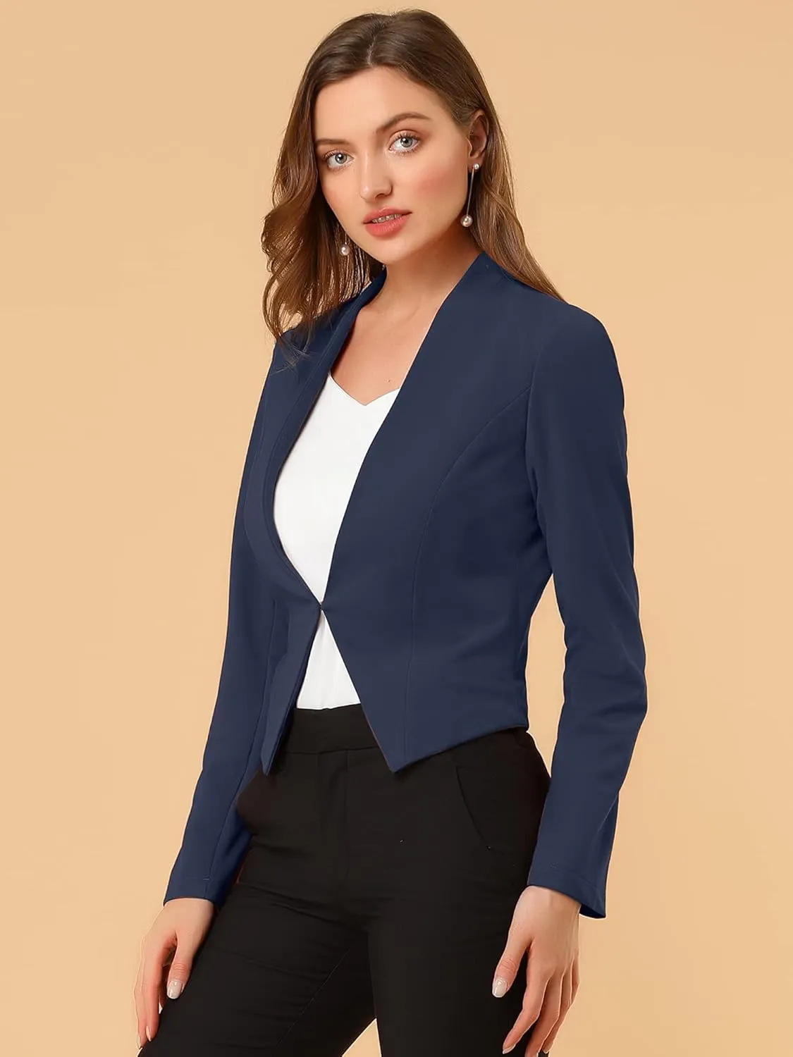 Allegra K Women's Work Office Suit Collarless Casual Cropped Blazer Jacket