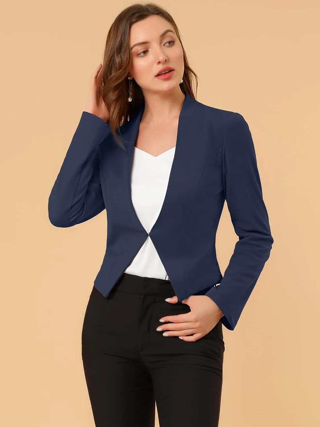 Allegra K Women's Work Office Suit Collarless Casual Cropped Blazer Jacket
