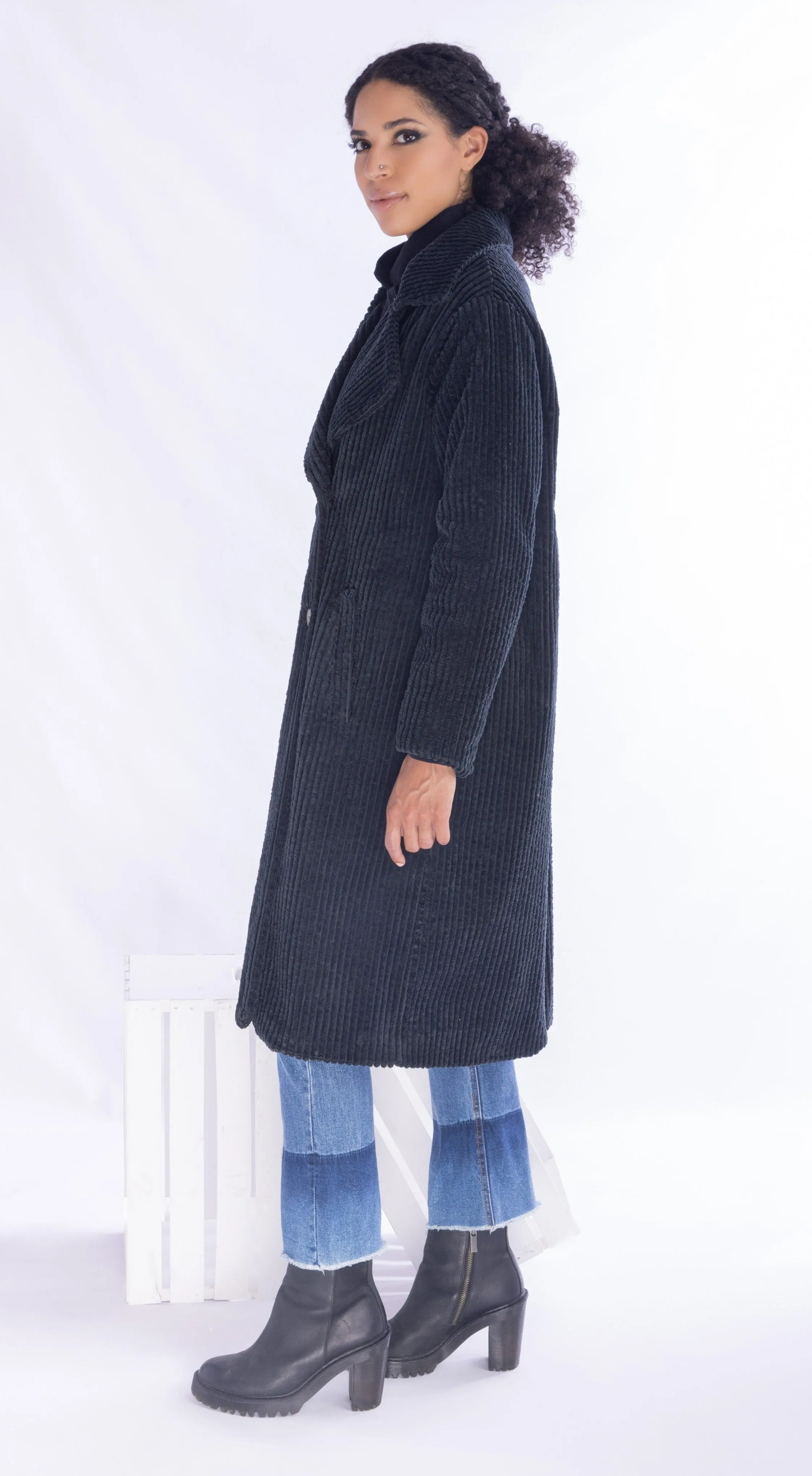 Amici for Baci, Cotton, Wale Cord Double Breasted Overcoat in Black-Italian Designer Collection