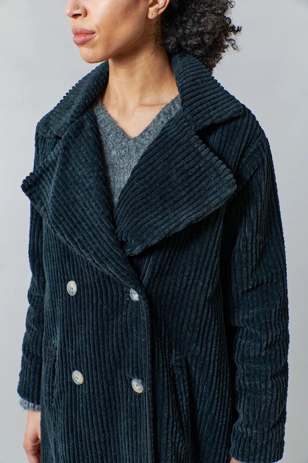 Amici for Baci, Cotton, Wale Cord Double Breasted Overcoat in Black-Italian Designer Collection