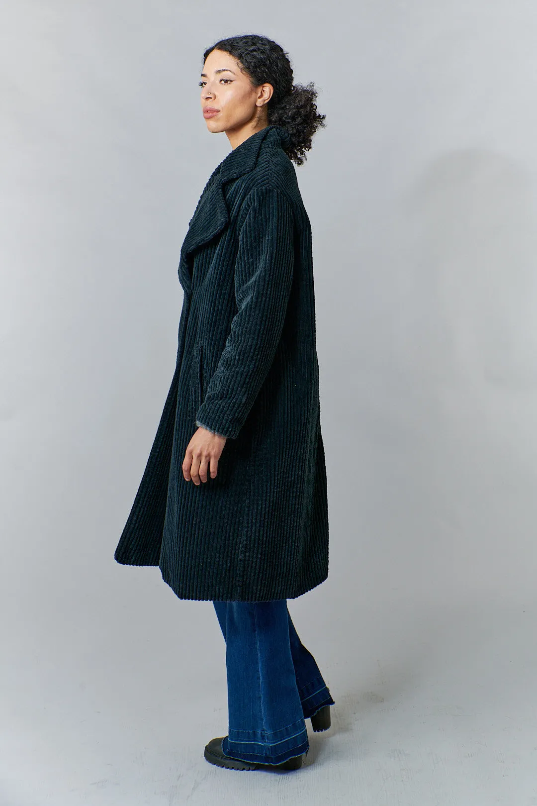 Amici for Baci, Cotton, Wale Cord Double Breasted Overcoat in Black-Italian Designer Collection