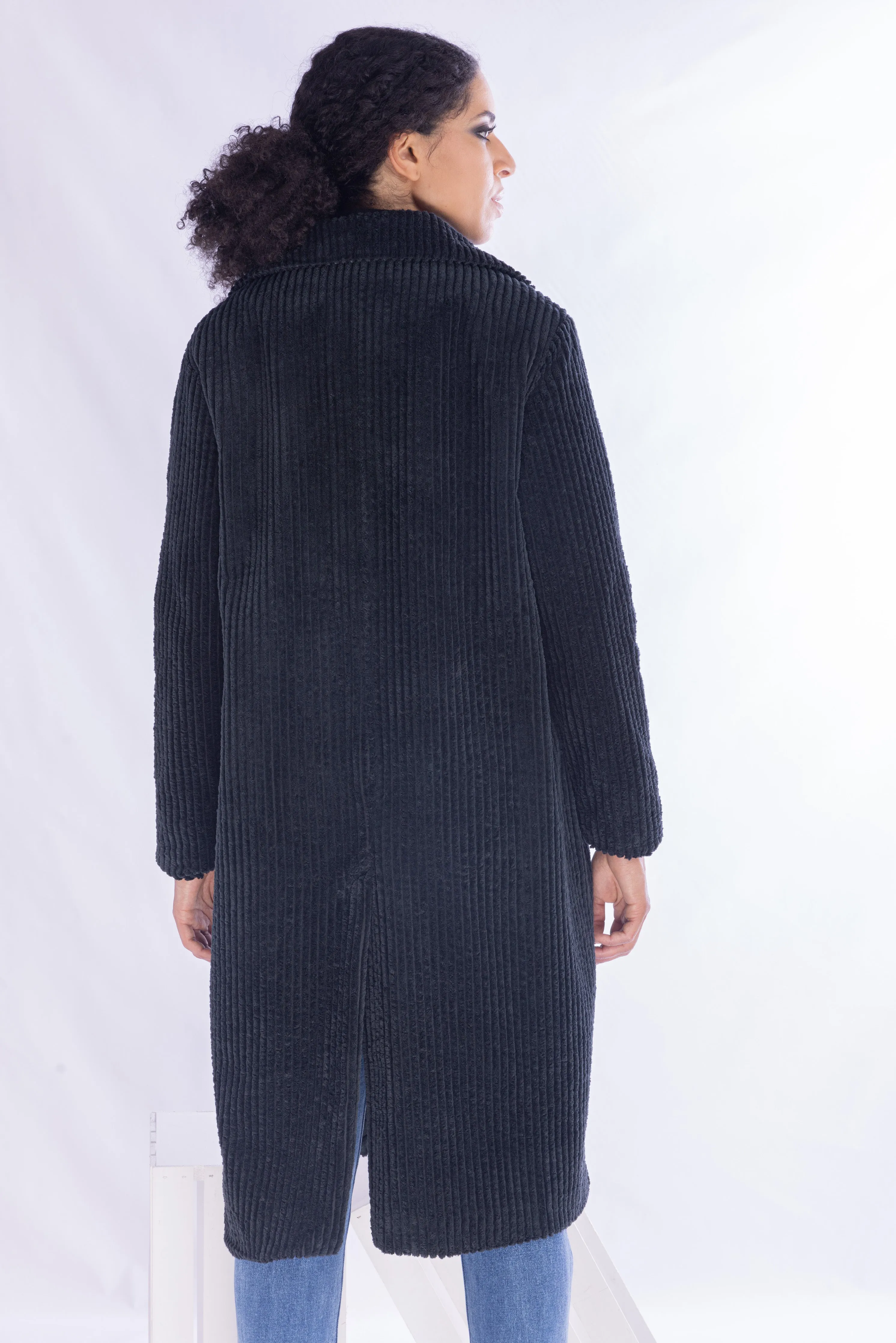 Amici for Baci, Cotton, Wale Cord Double Breasted Overcoat in Black-Italian Designer Collection