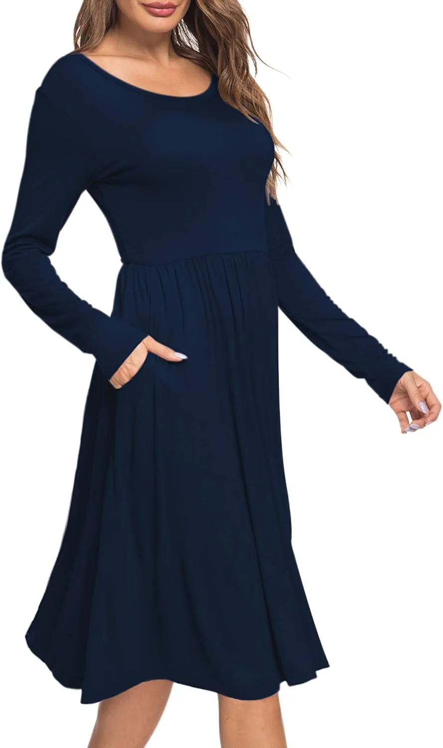 AUSELILY Women Long Sleeve Dresses Round Neck Casual Spring Swing Dress with Pockets
