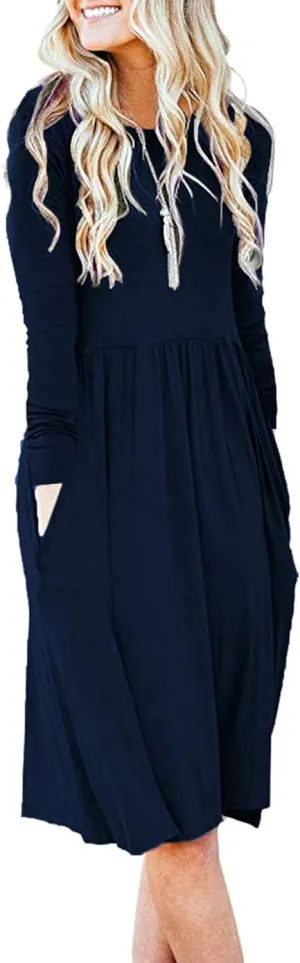 AUSELILY Women Long Sleeve Dresses Round Neck Casual Spring Swing Dress with Pockets