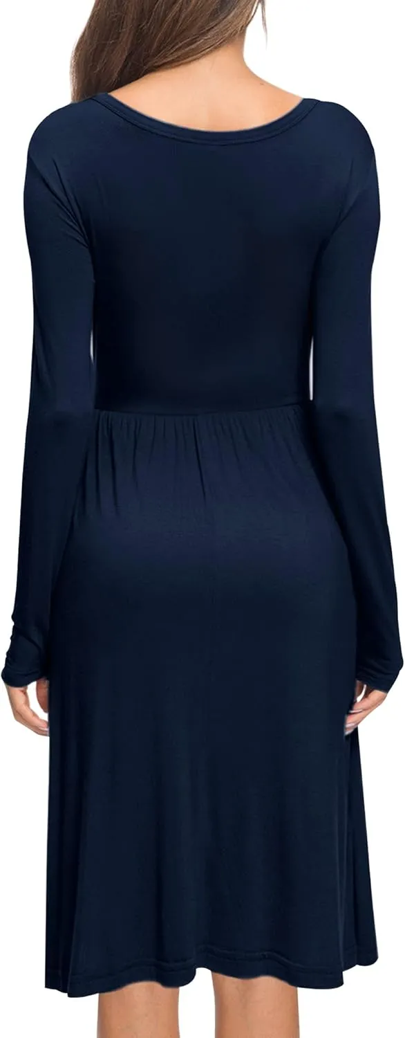 AUSELILY Women Long Sleeve Dresses Round Neck Casual Spring Swing Dress with Pockets