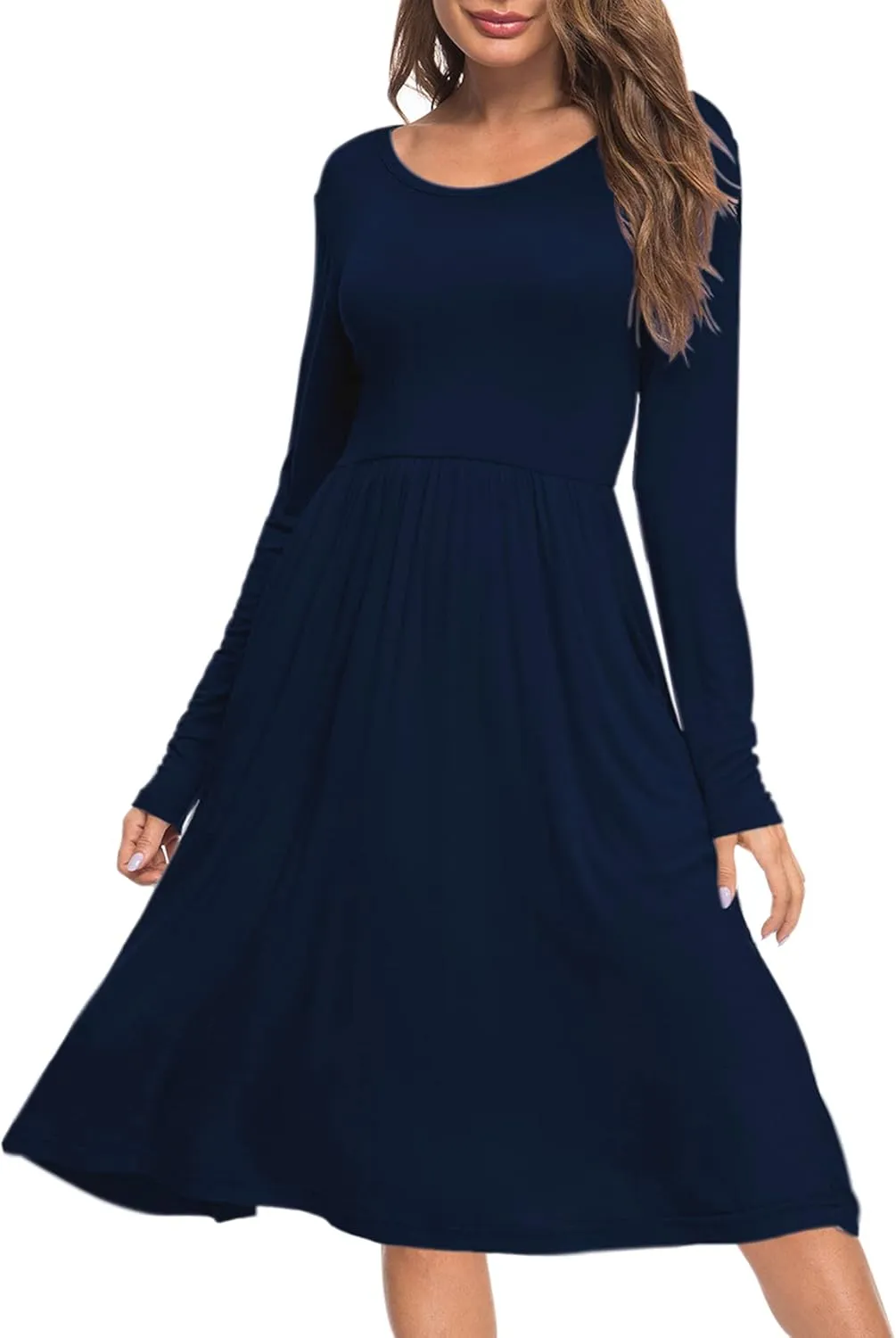 AUSELILY Women Long Sleeve Dresses Round Neck Casual Spring Swing Dress with Pockets