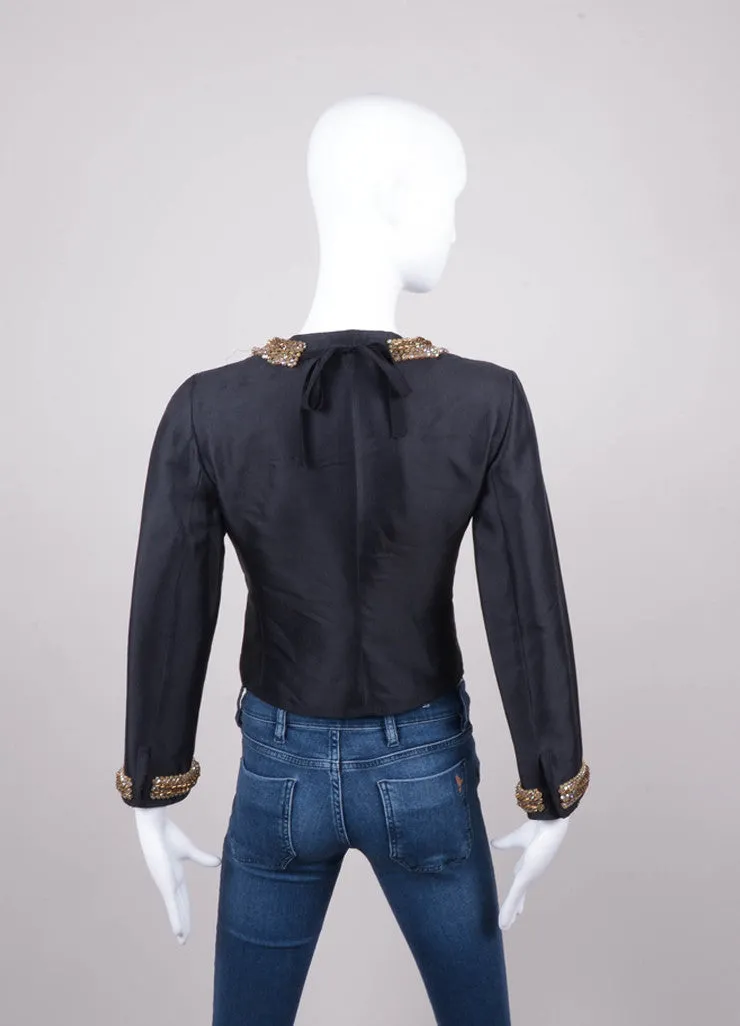 Black Lightweight Woven Wool and Silk Jacket With Bead and Sequin Embellished Trim