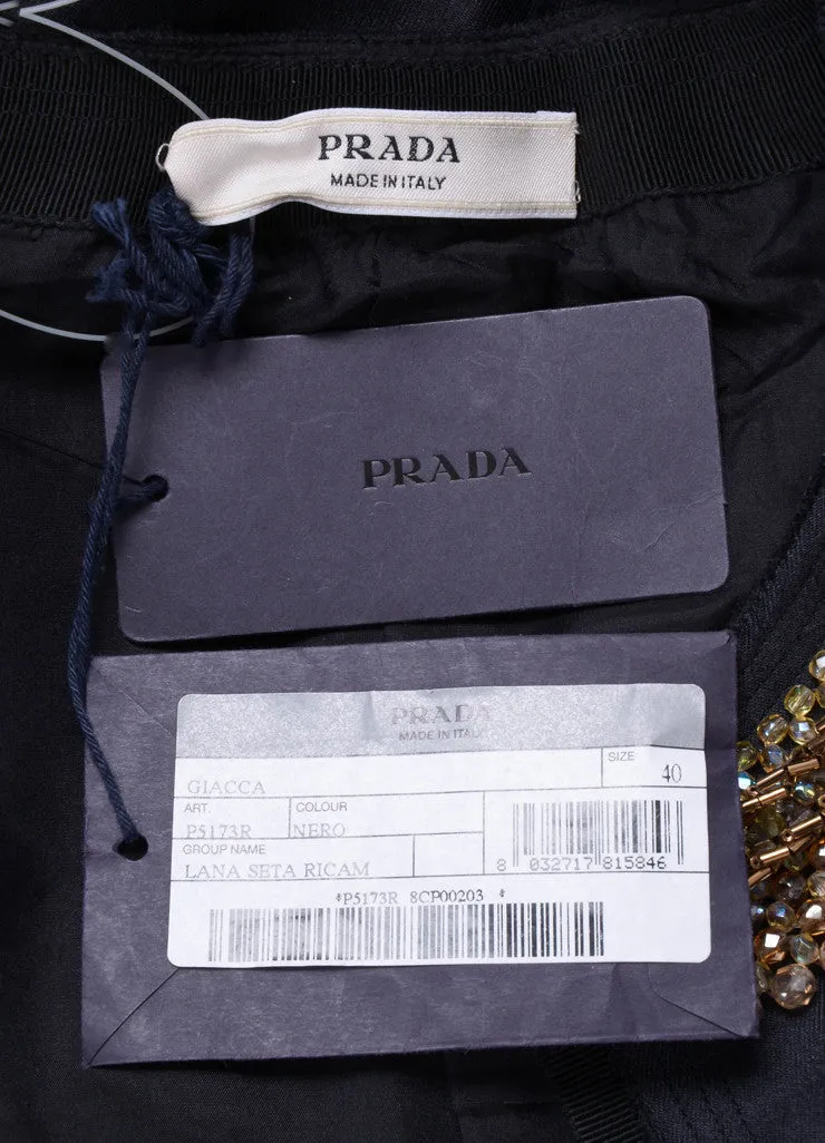 Black Lightweight Woven Wool and Silk Jacket With Bead and Sequin Embellished Trim