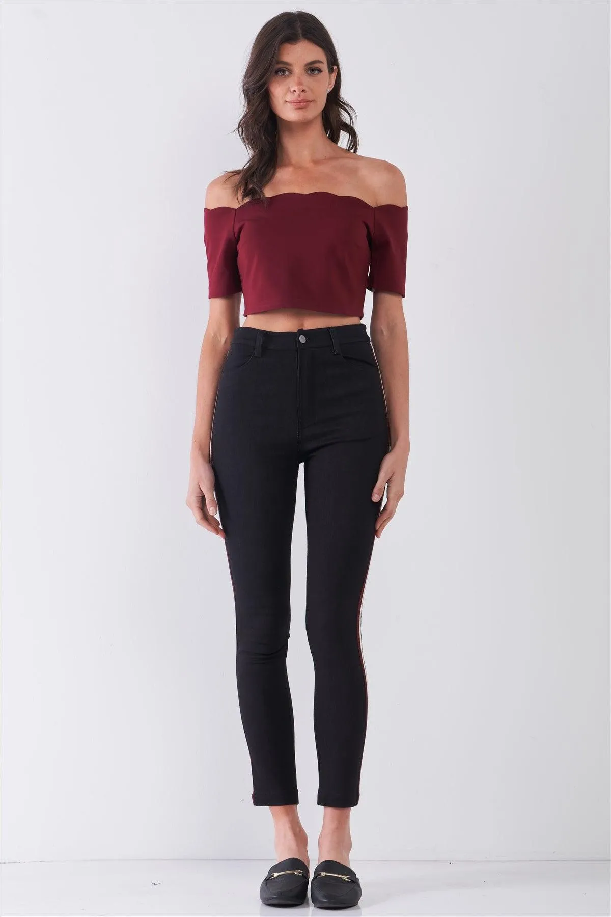 Black Mid-Rise Glitter Multi-Stripe Side Trim Detail Skinny Pants