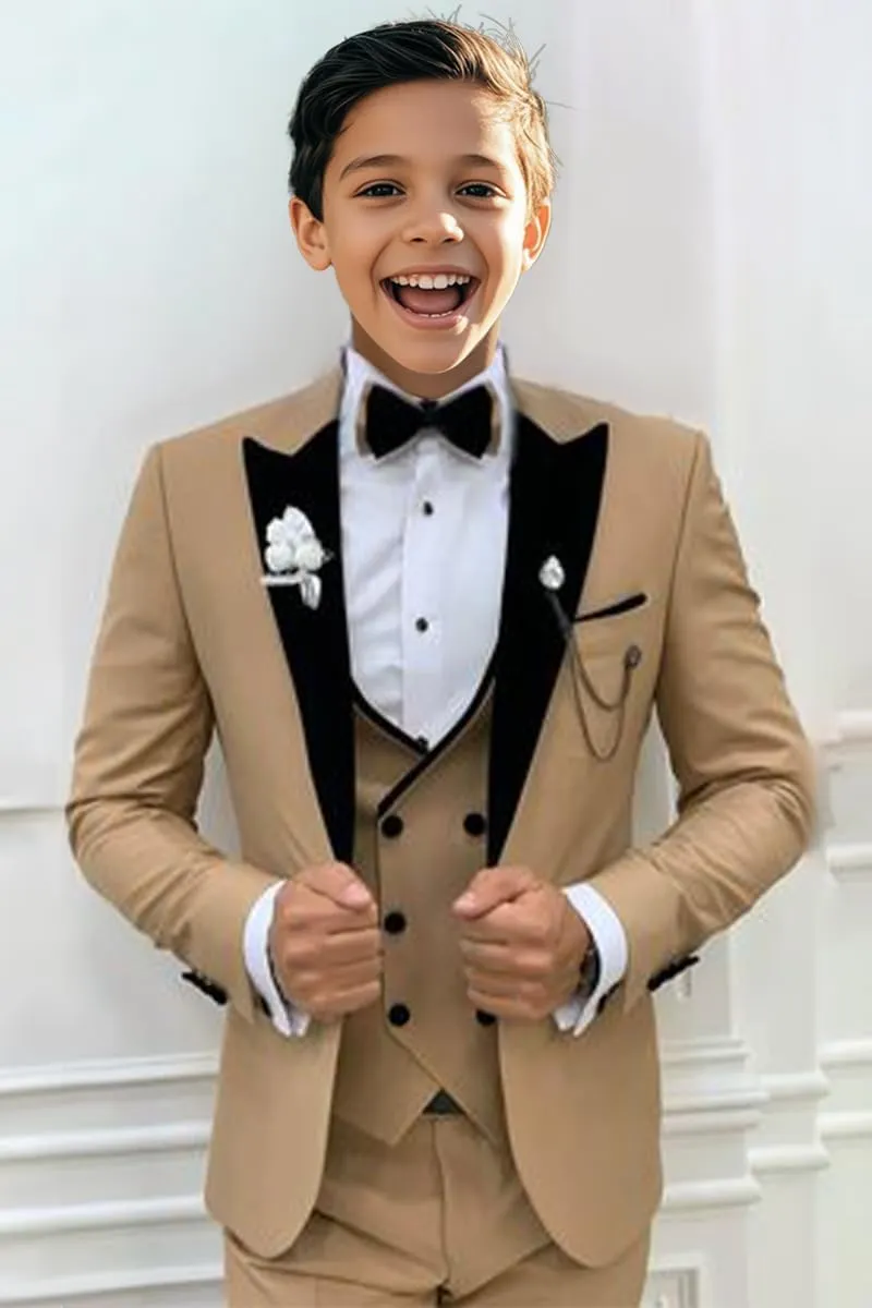 Boys Tuxedo Suit 3 Piece Peak Lapel Slim Fit Suit for Boy Classic Jacket Double Breasted Vest Pants Set Wedding Prom