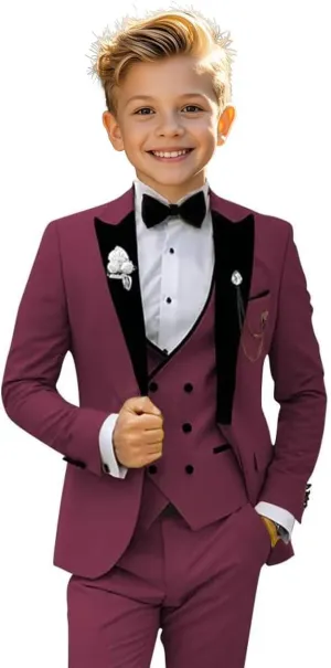 Boys Tuxedo Suit 3 Piece Peak Lapel Slim Fit Suit for Boy Classic Jacket Double Breasted Vest Pants Set Wedding Prom