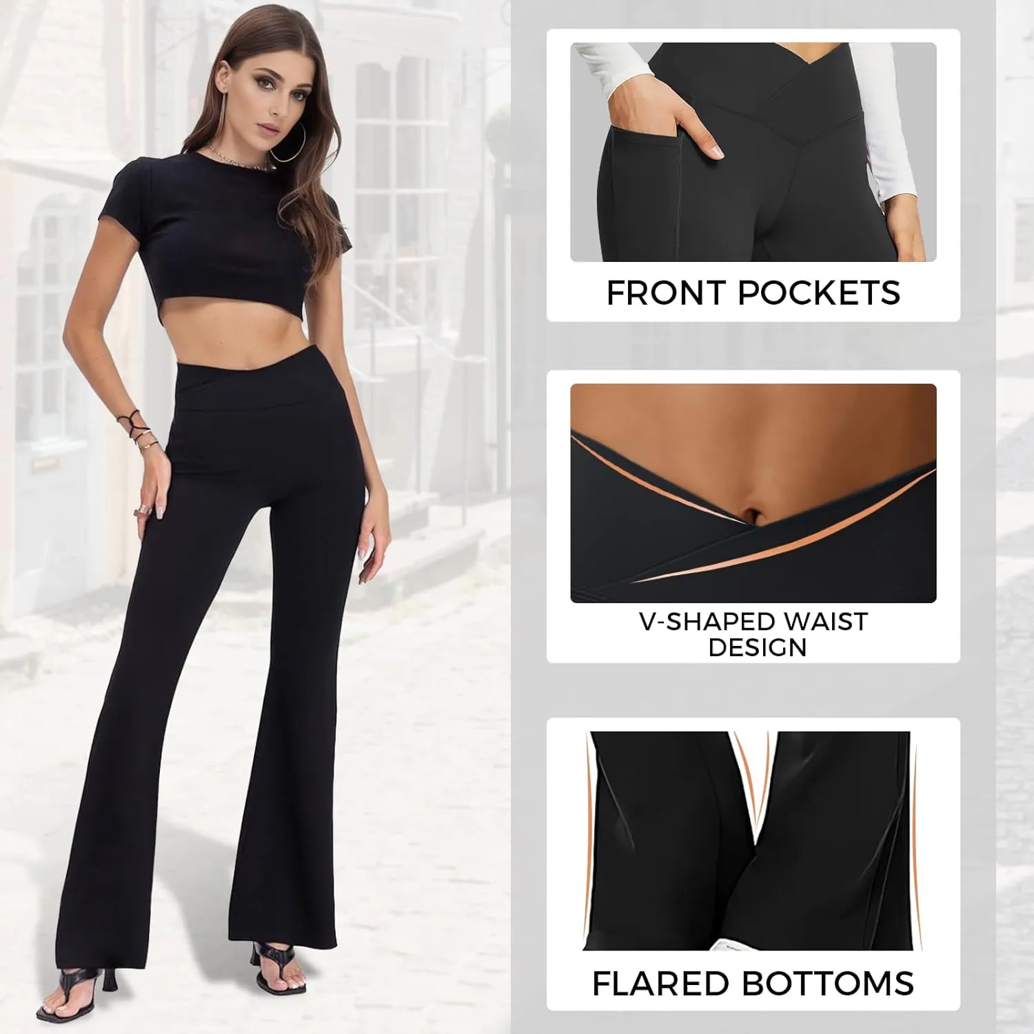 Buauty Black Flare Leggings for Women, High-Waisted Crossover Yoga Flared Pants Bootcut Casual Gym Workout Clothes
