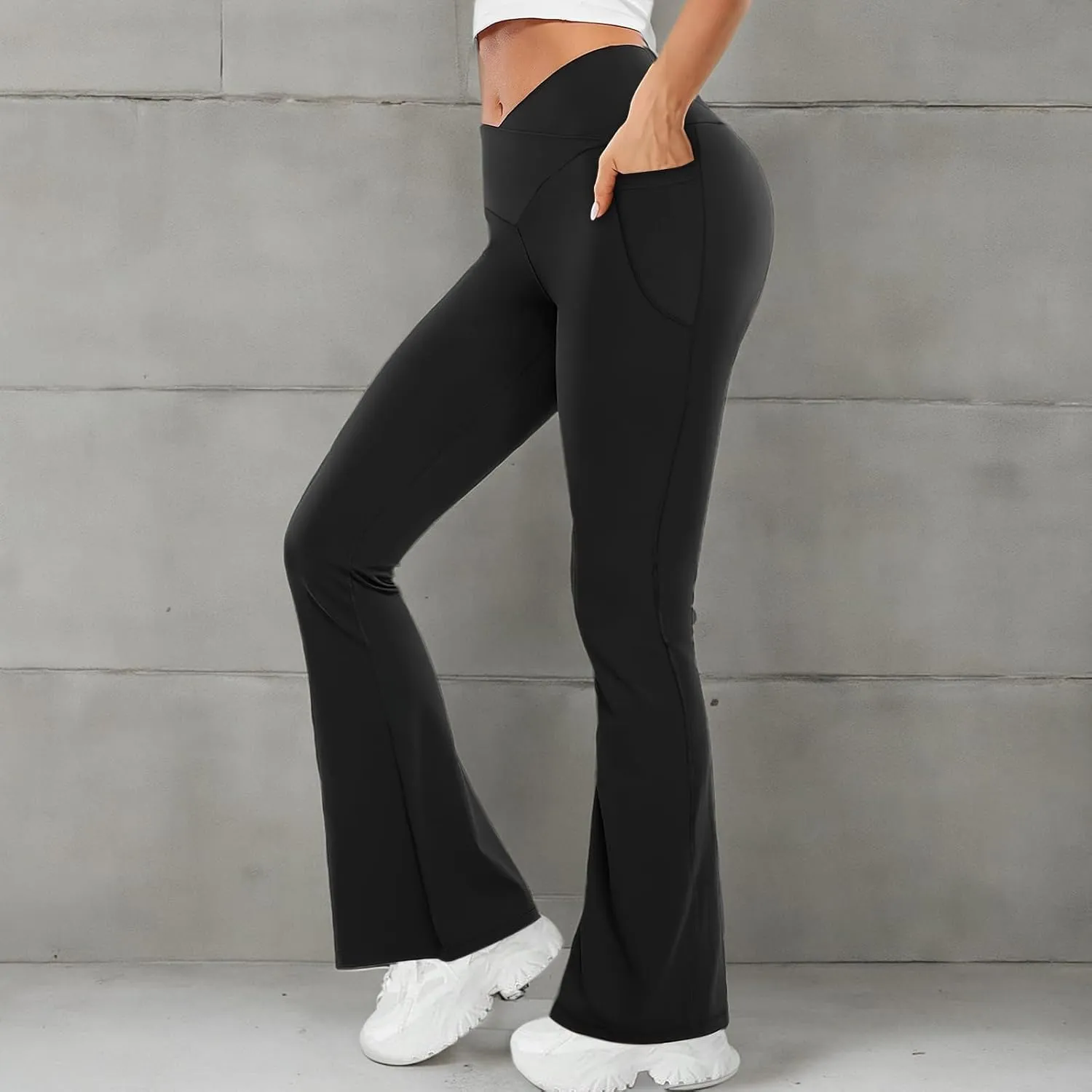 Buauty Black Flare Leggings for Women, High-Waisted Crossover Yoga Flared Pants Bootcut Casual Gym Workout Clothes