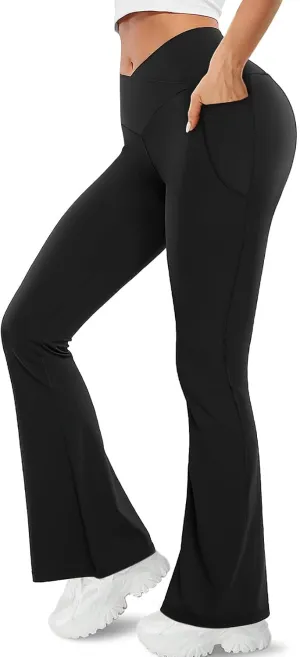 Buauty Black Flare Leggings for Women, High-Waisted Crossover Yoga Flared Pants Bootcut Casual Gym Workout Clothes