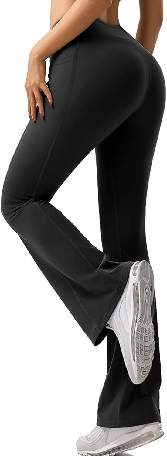 Buauty Black Flare Leggings for Women, High-Waisted Crossover Yoga Flared Pants Bootcut Casual Gym Workout Clothes