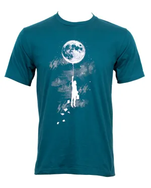 Business Man Flying Away Hanging from a Full Moon Balloon T-shirt Dark Blue