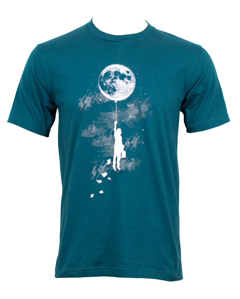 Business Man Flying Away Hanging from a Full Moon Balloon T-shirt Dark Blue