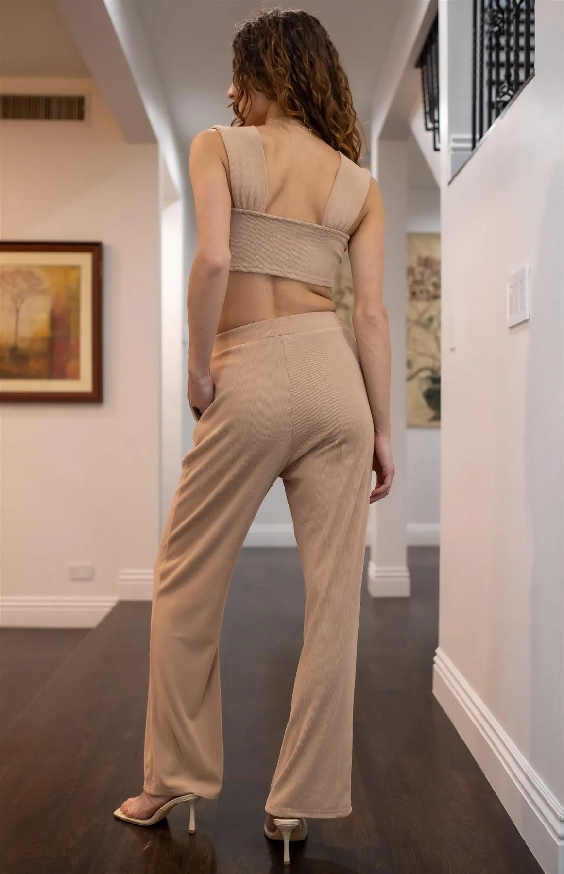 Camel Ribbed Front Twist Crop Top & Fold Pleated Wide Leg Pants Set /3-2-1