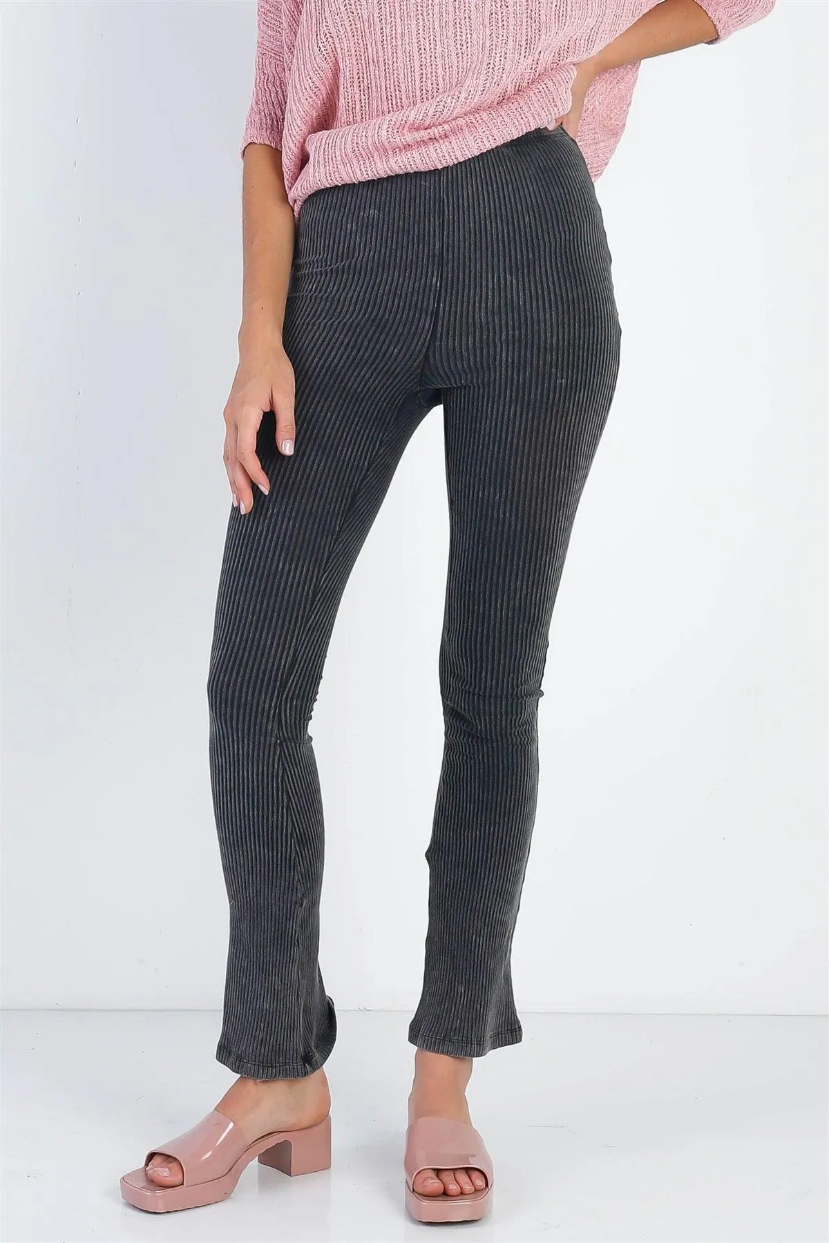 Charcoal Washed Cotton Ribbed Flare Legging Pants /3-2-1