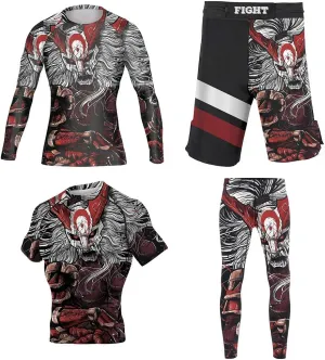 CHOO Men's Mask Samurai Jiu Jitsu No Gi Undershirt Base Layers Pants Board Shorts Set 4-Pack, Small