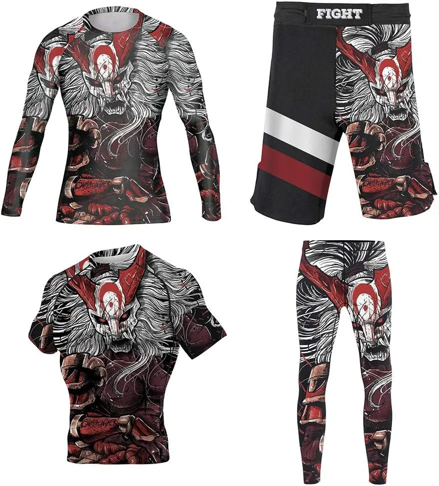 CHOO Men's Mask Samurai Jiu Jitsu No Gi Undershirt Base Layers Pants Board Shorts Set 4-Pack, Small