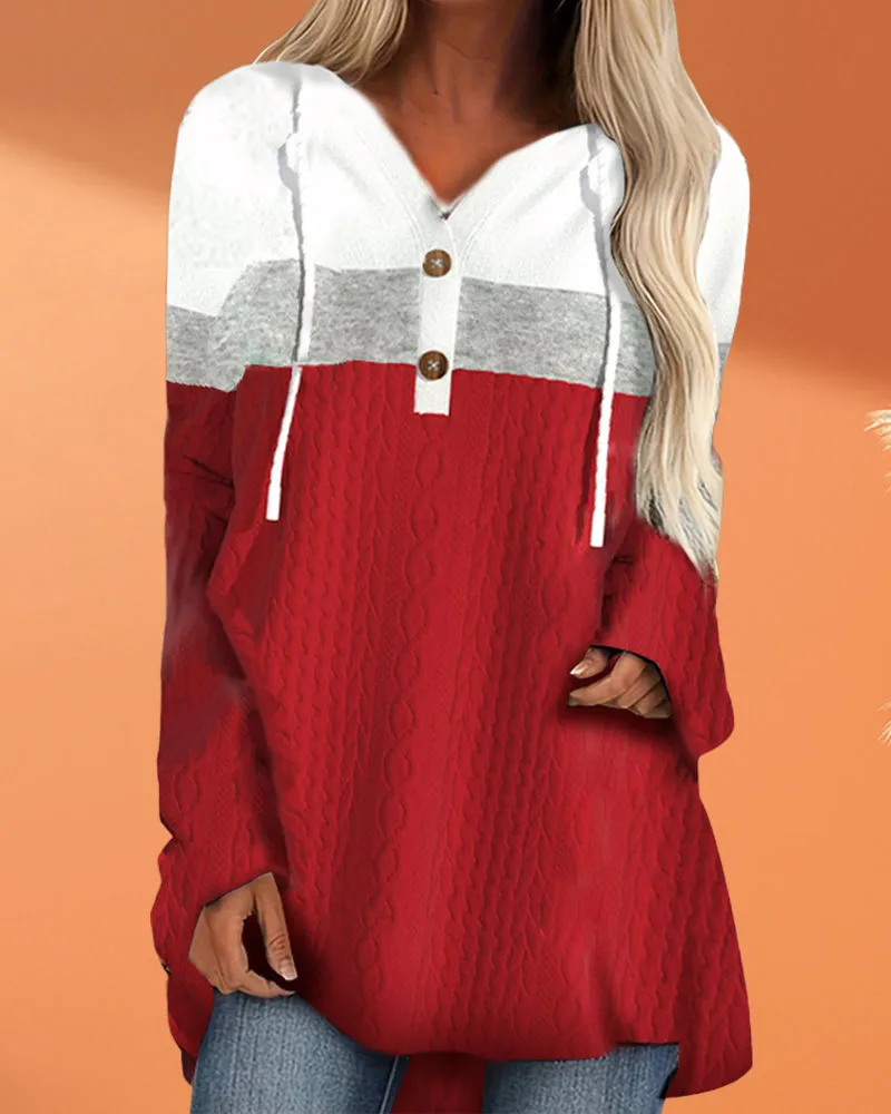 Contrast button casual hoodie