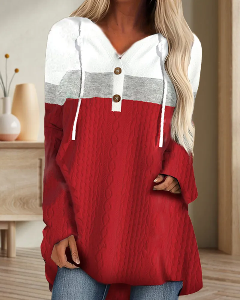Contrast button casual hoodie