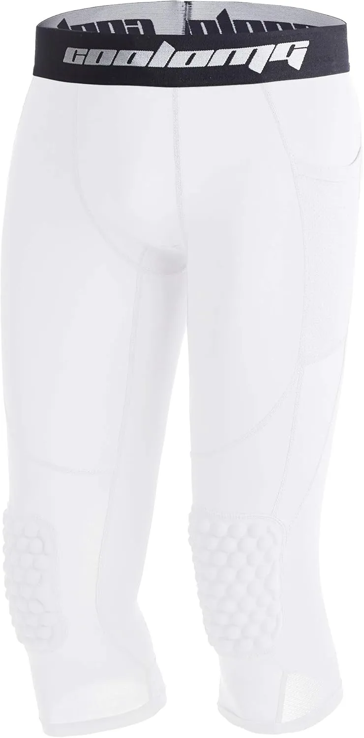 COOLOMG Basketball Leggings with Knee Pads for Kids Youth 3/4 Compression Pants Capri Tights Side Pockets