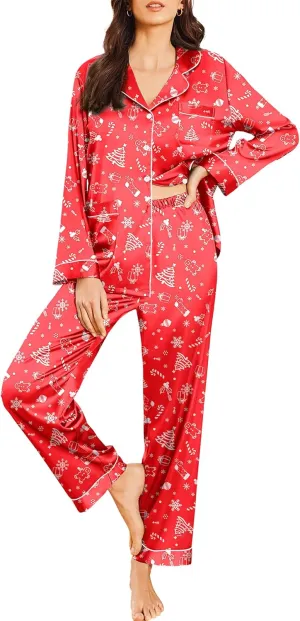 Ekouaer Silk Pajamas for Women Classic Button Down Satin Pajama Sets Long Sleeve Lounge Set