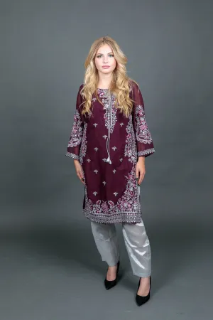 Fancy Embroidered Georgette Wine Color With Ankle Pants Suit