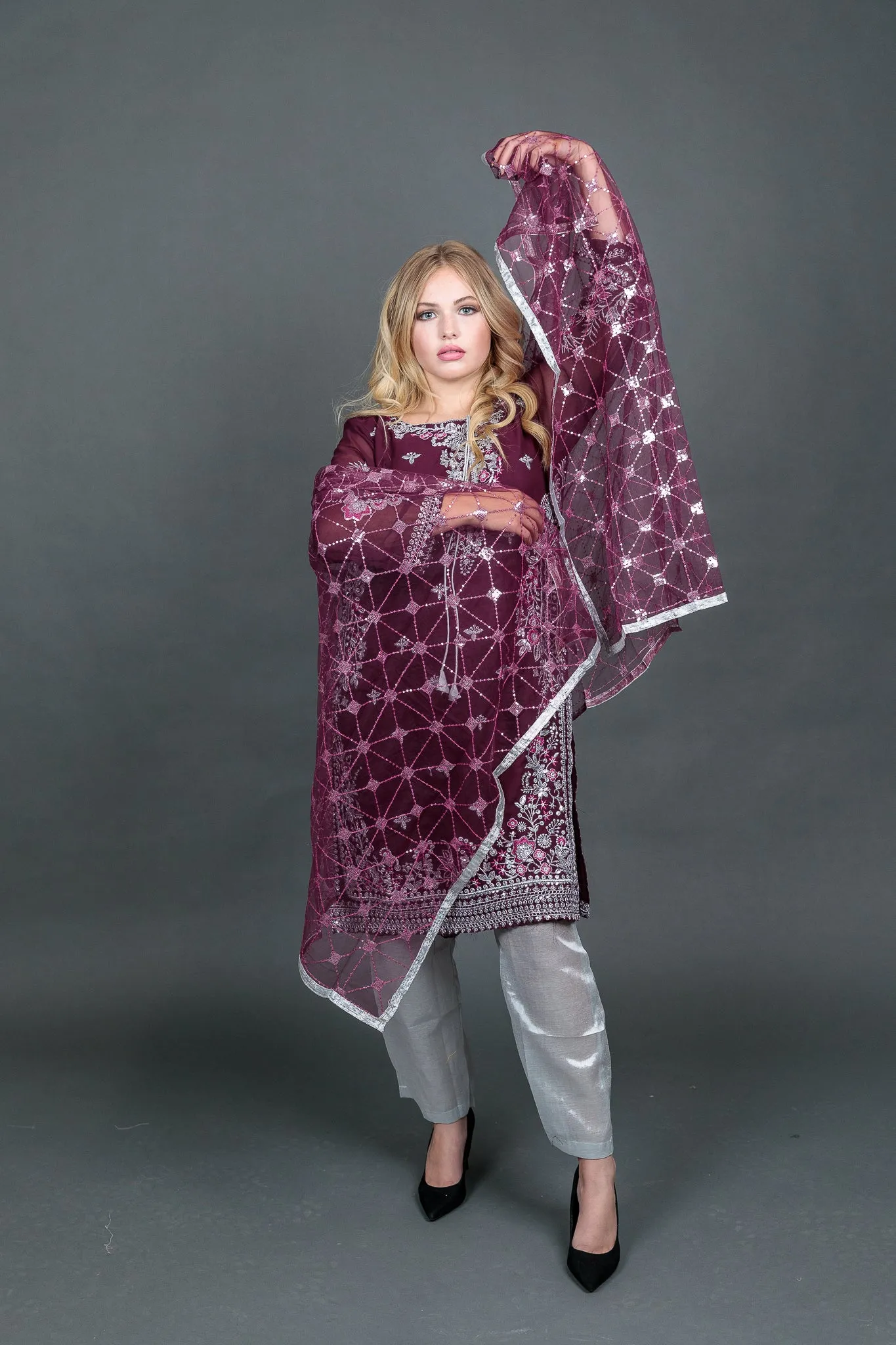 Fancy Embroidered Georgette Wine Color With Ankle Pants Suit