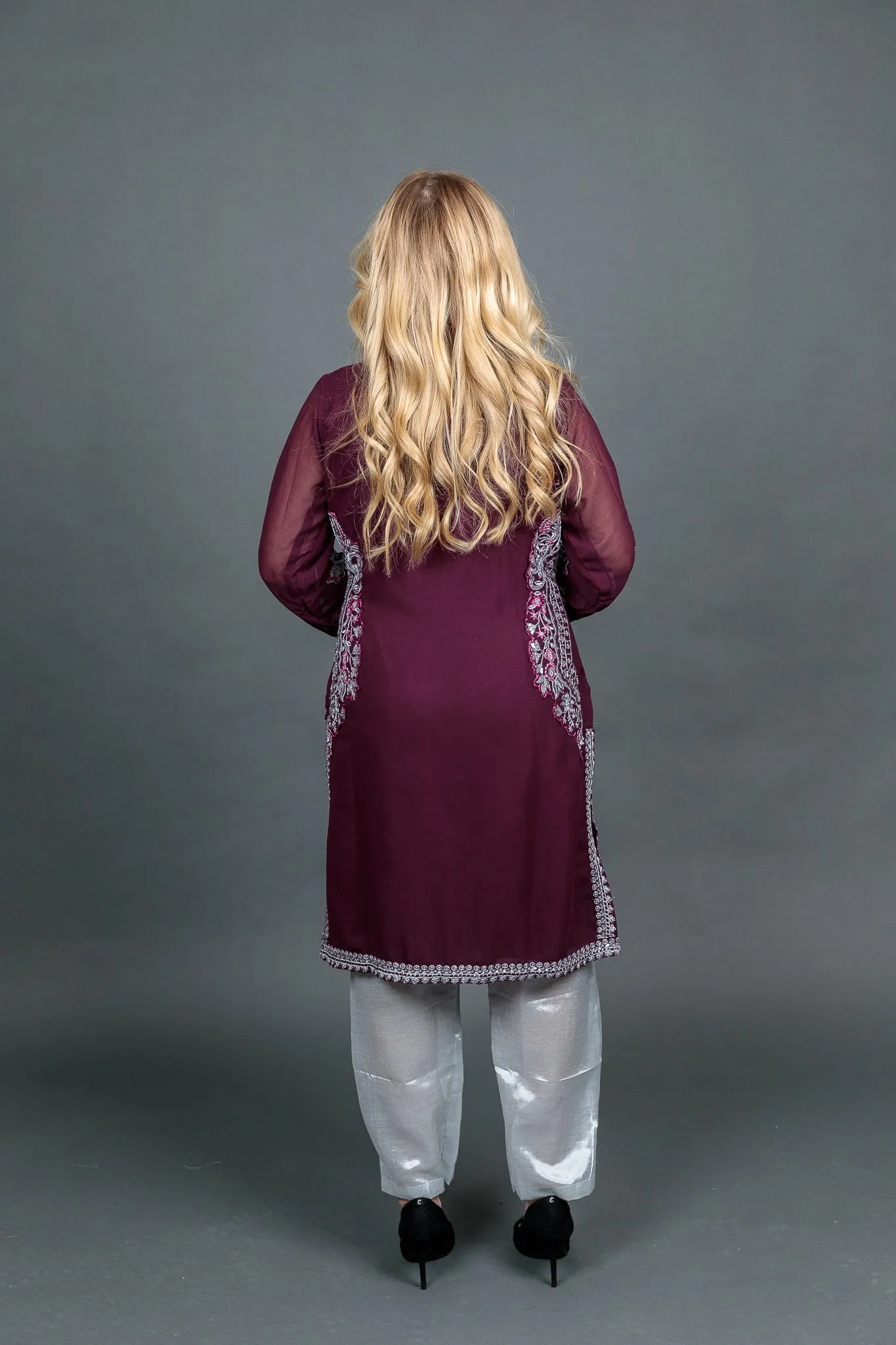 Fancy Embroidered Georgette Wine Color With Ankle Pants Suit