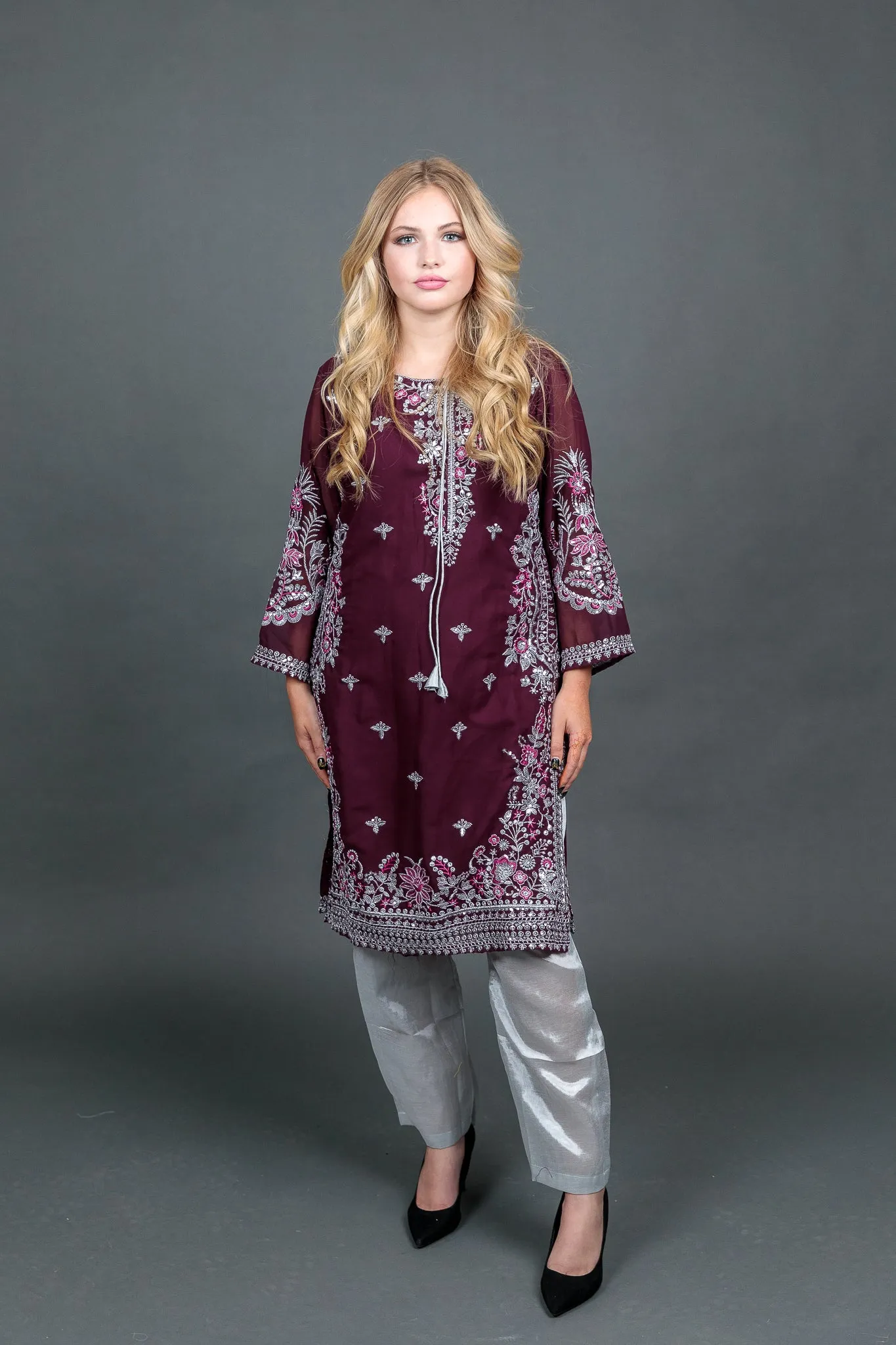 Fancy Embroidered Georgette Wine Color With Ankle Pants Suit