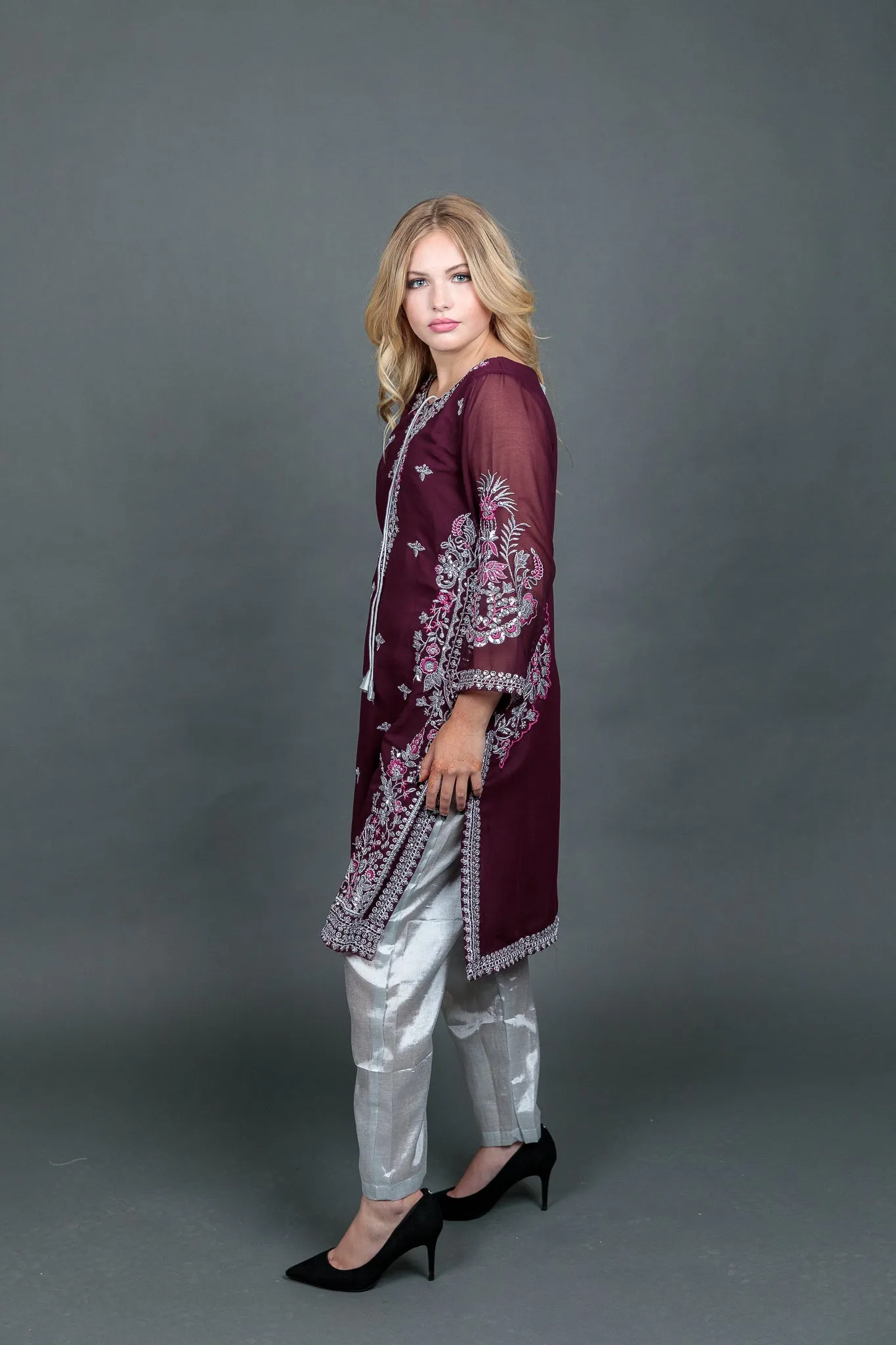 Fancy Embroidered Georgette Wine Color With Ankle Pants Suit