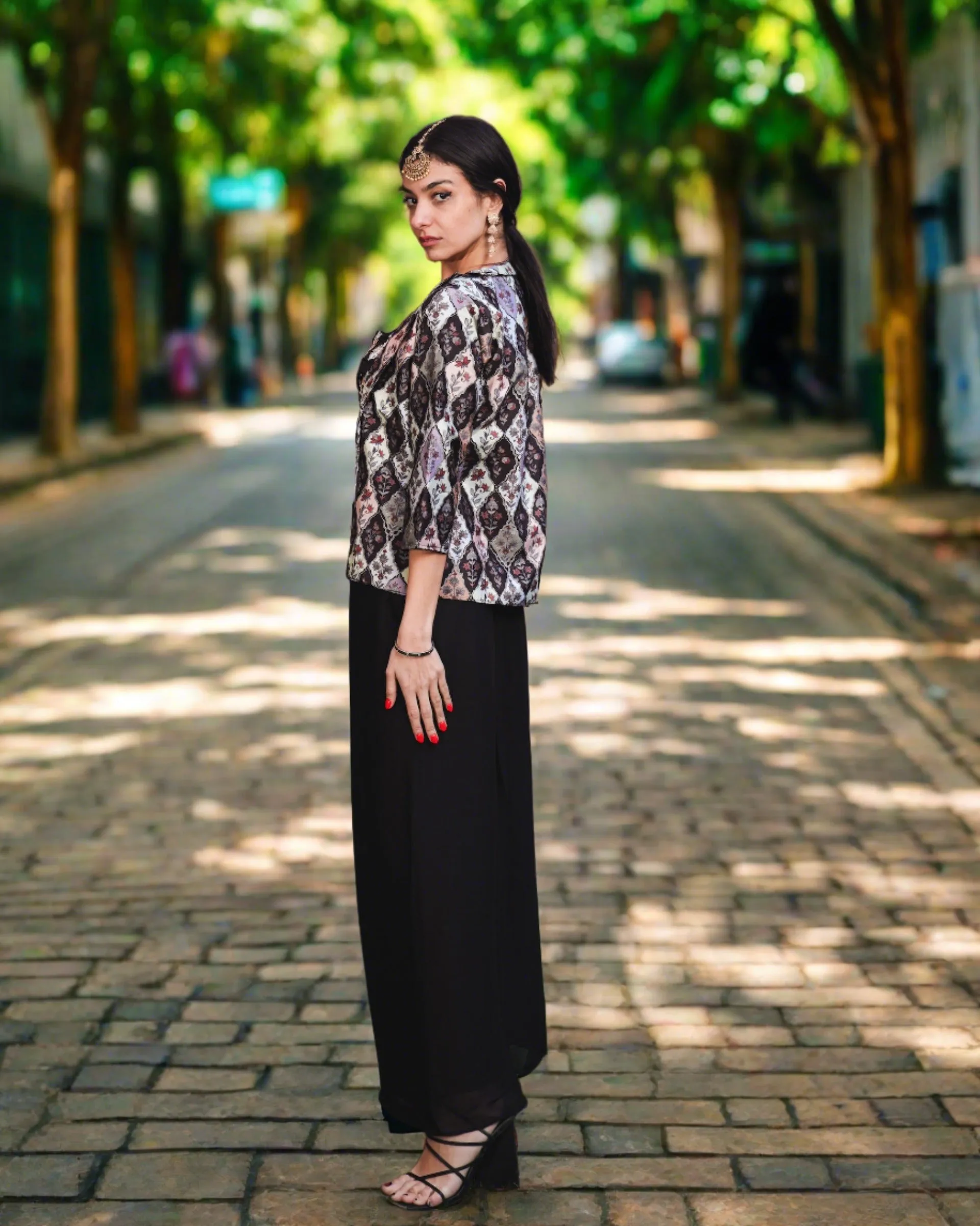Fancy Silk Embroidered Black Floral Printed With Palazzo Pants Set