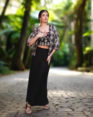 Fancy Silk Embroidered Black Floral Printed With Palazzo Pants Set