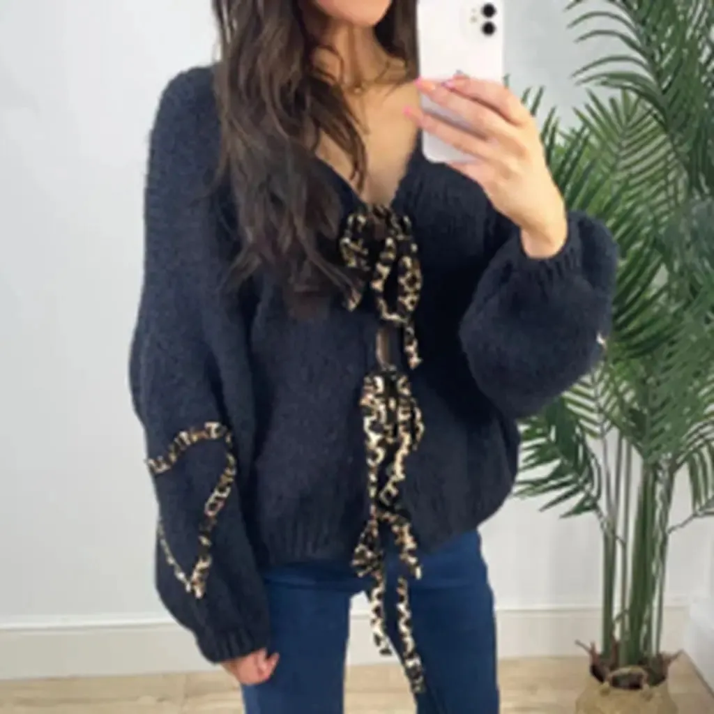 Fashionkova Combhasaki Women's Y2K Kawaii Loose Fit Knit Cardigan Long Sleeve Leopard Print Ribbon Tie-up V-Neck Heart Shaped Casual Sweater