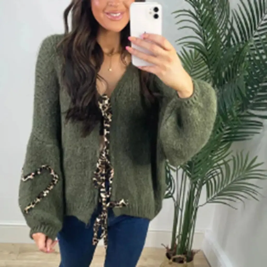 Fashionkova Combhasaki Women's Y2K Kawaii Loose Fit Knit Cardigan Long Sleeve Leopard Print Ribbon Tie-up V-Neck Heart Shaped Casual Sweater