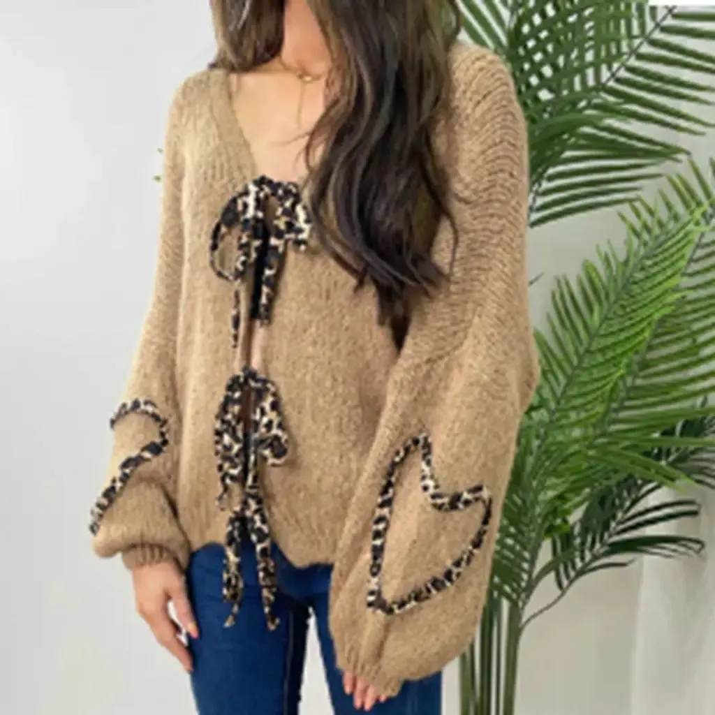 Fashionkova Combhasaki Women's Y2K Kawaii Loose Fit Knit Cardigan Long Sleeve Leopard Print Ribbon Tie-up V-Neck Heart Shaped Casual Sweater