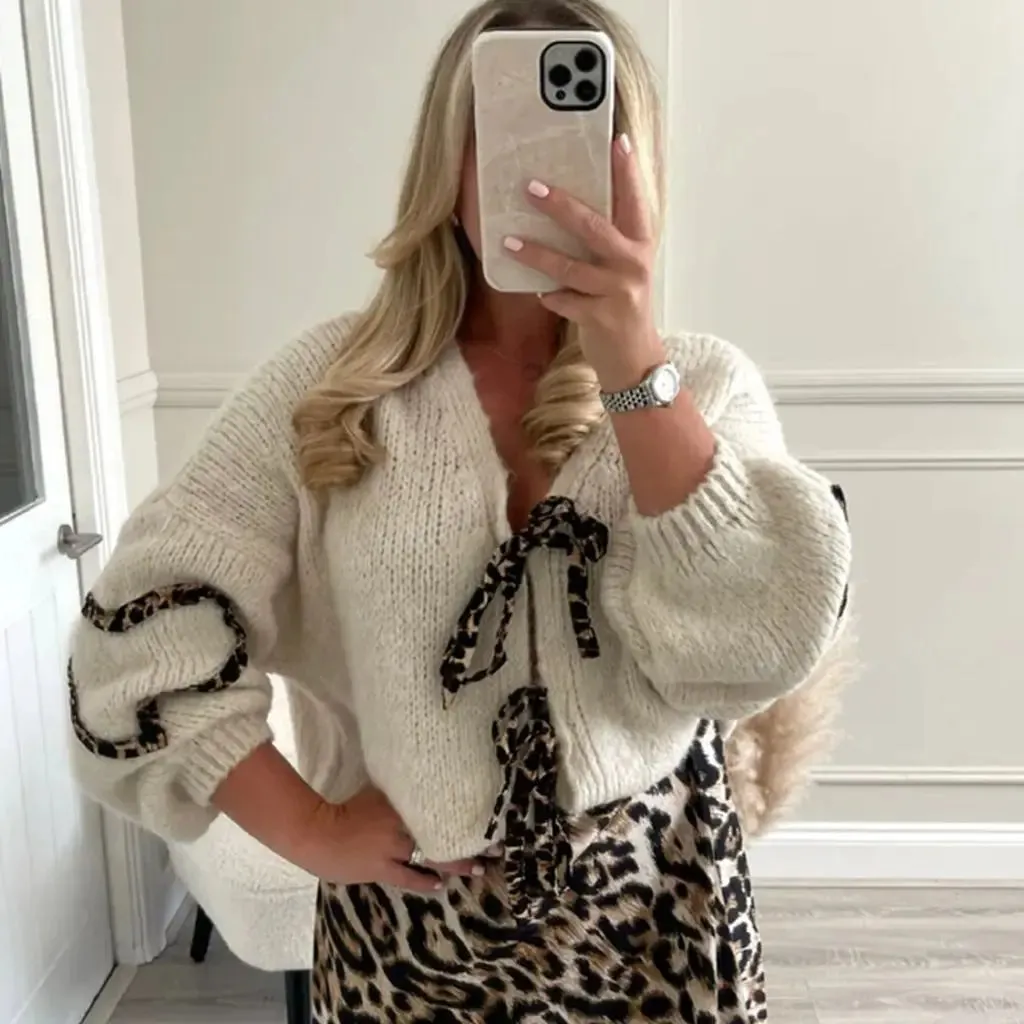 Fashionkova Combhasaki Women's Y2K Kawaii Loose Fit Knit Cardigan Long Sleeve Leopard Print Ribbon Tie-up V-Neck Heart Shaped Casual Sweater