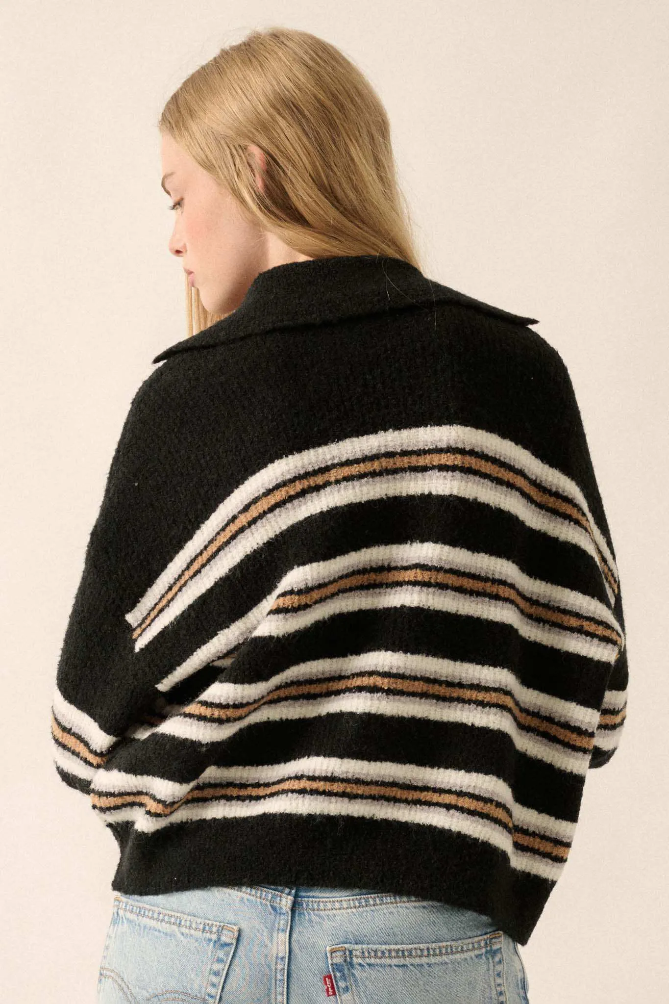 First in Line Striped Split-Neck Collared Sweater