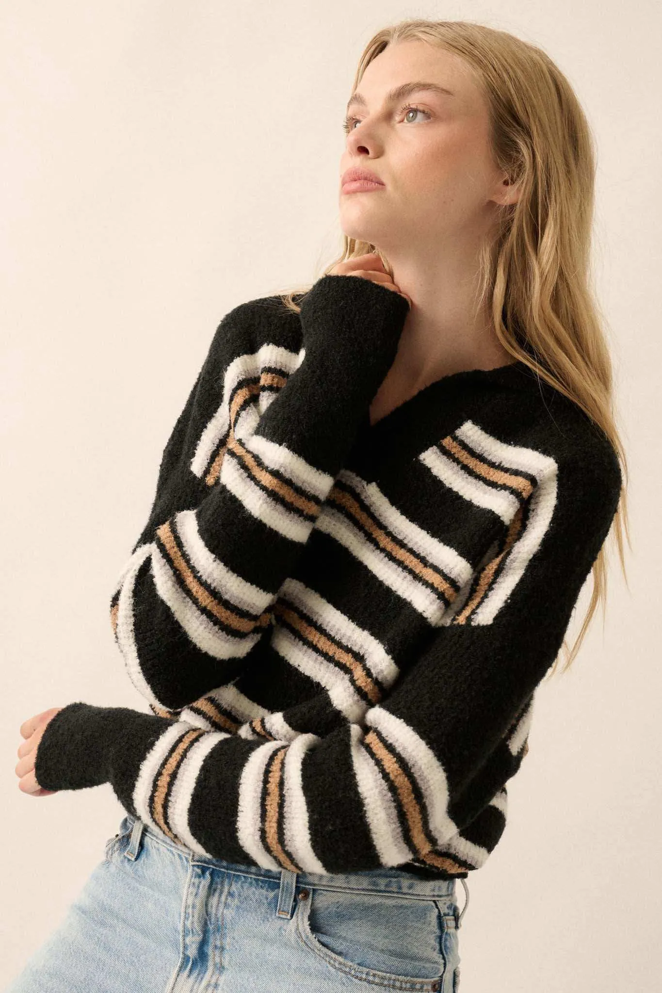 First in Line Striped Split-Neck Collared Sweater