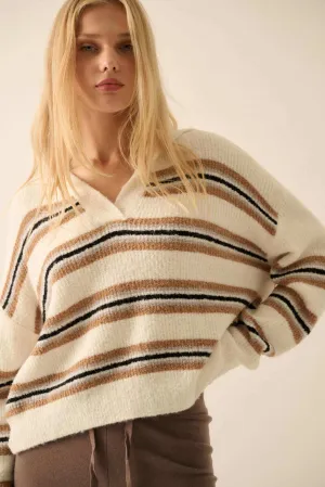 First in Line Striped Split-Neck Collared Sweater