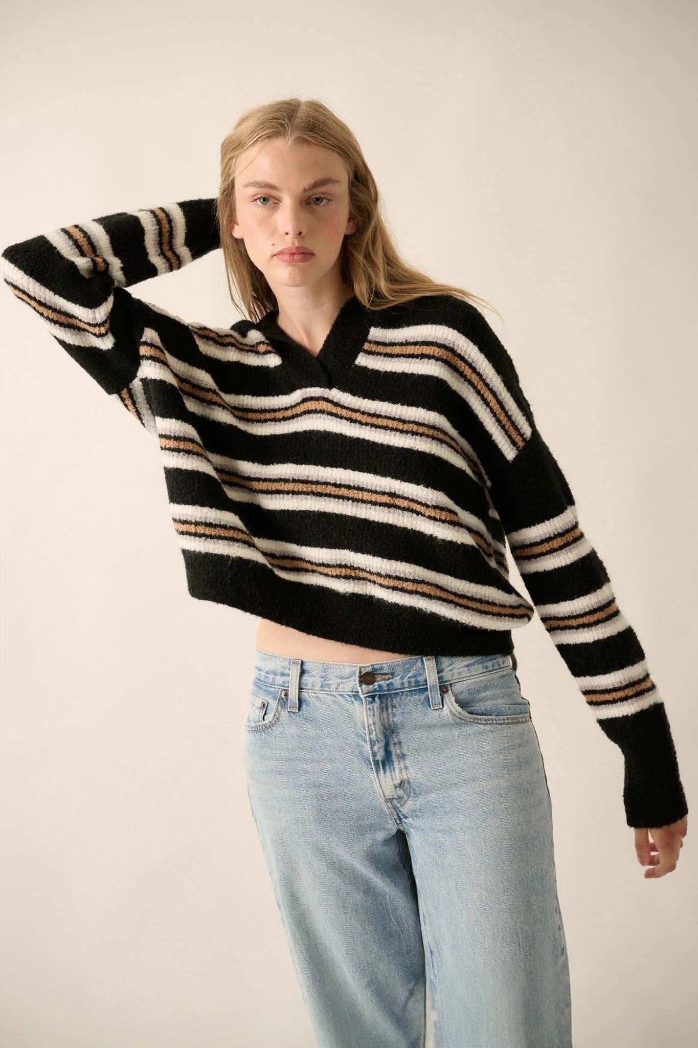 First in Line Striped Split-Neck Collared Sweater