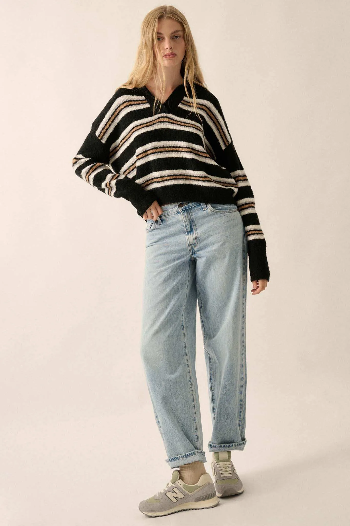 First in Line Striped Split-Neck Collared Sweater
