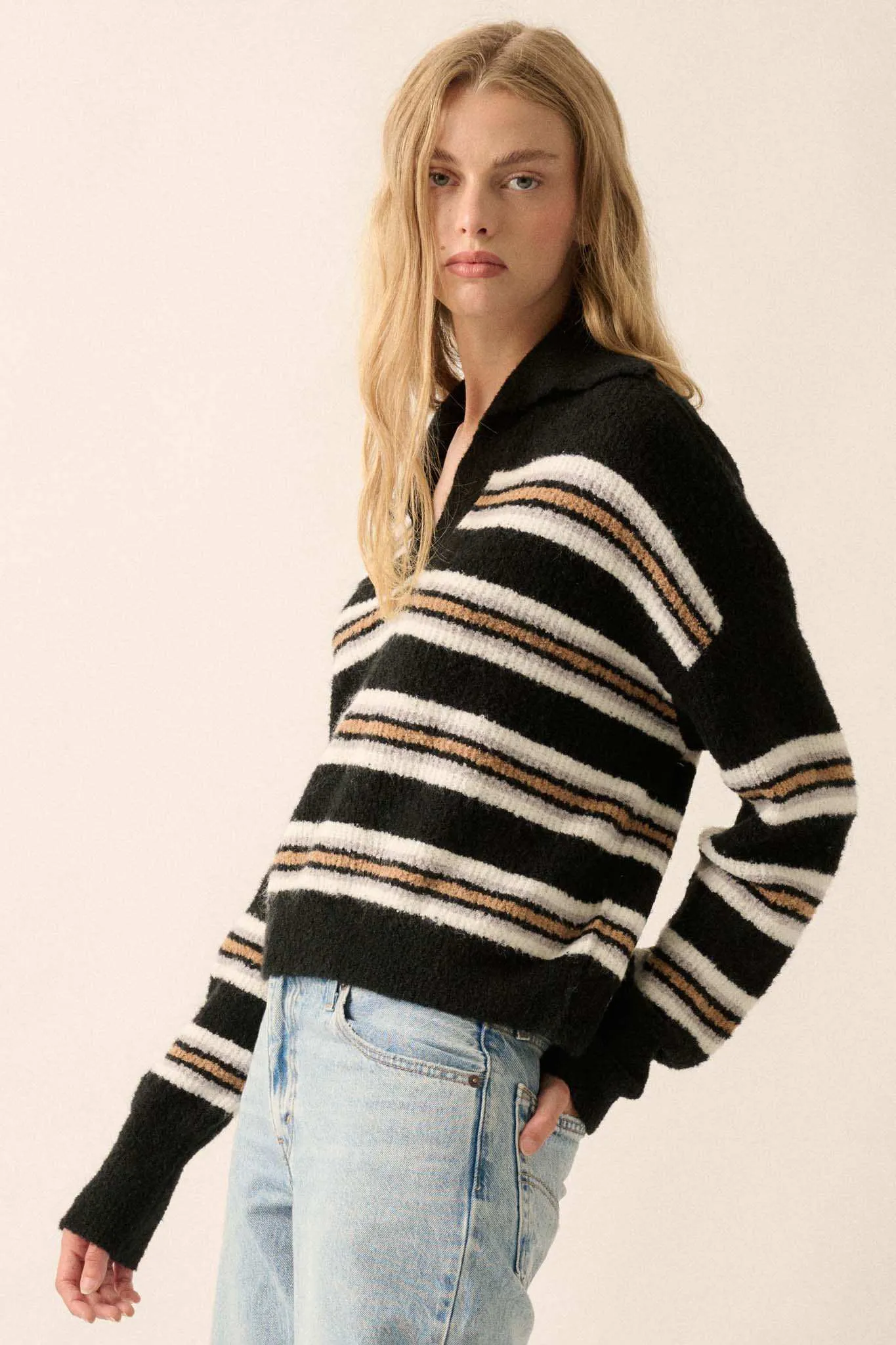 First in Line Striped Split-Neck Collared Sweater